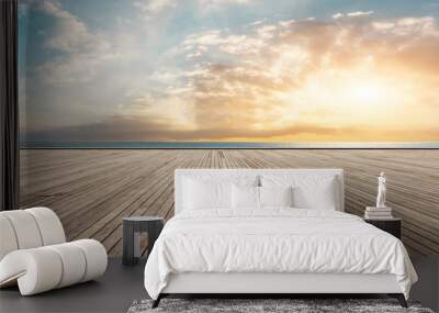 Wooden floor platform and blue sea with sky background Wall mural