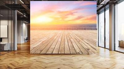 Wooden square and city skyline with buildings in Shanghai,China. Wall mural