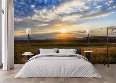 Yellow grassland and beautiful sky clouds nature landscape at sunset. Autumn landscape. Wall mural