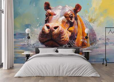 Vivid and captivating: An AI-created image of a colorful hippo in water. Wall mural