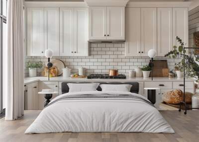 Bright kitchen with white cabinetry and subway tile backsplash. Wall mural