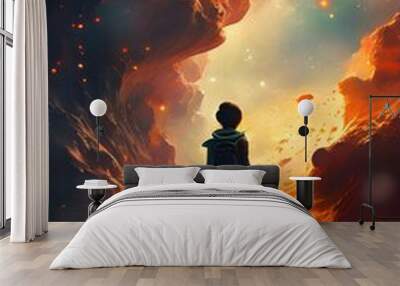 a boy is looking at the sky which is so beautiful with anime style painting
 Wall mural