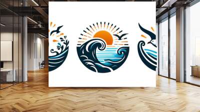 collection of ocean logo with waves and seagulls isolated on white background Wall mural