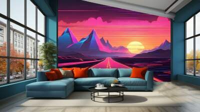 Neon road with sunset in the mountains Wall mural