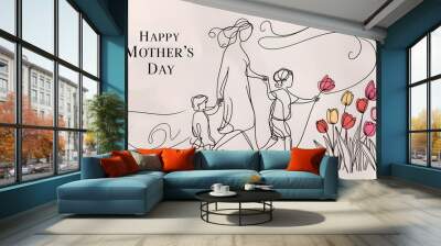 line drawing of a mother and her two children, with one child holding her hand and the other reaching for a flower, set against a backdrop of colorful tulips and a “Happy Mother’s Day” greeting. Wall mural