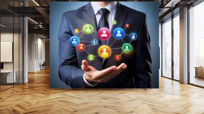 Social network icons in the hand of a businessman. Businessman holding colorful social network icons in his hand
 Wall mural