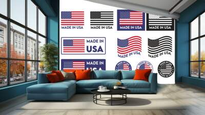 Made in USA icon set, Usa wave  flag, American flag concept, US flags collection vector Wall mural