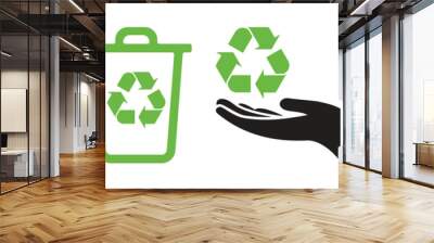 Recycle vector icon set, Ecology green icons for packaging. trash and green house symbol,Hand holding recycle symbol icon  Wall mural