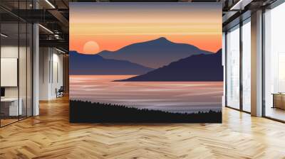 Nature landscape mountain with lake at sunset vector Wall mural