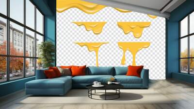 realistic yellow melting cheese liquid flowing on transparent background. spreading liquid cheese cream collection set vector decoration Wall mural