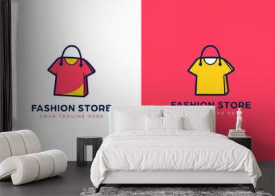 Tshirt clothing fashion store logo with shopping bag icon symbol in tee shape Wall mural