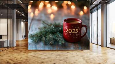 A festive scene of a red coffee cup with a golden 