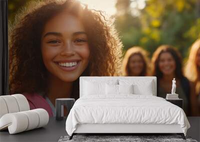 
A group of multiethnic young women smile while hiking outdoors in nature on an early morning, with sunlight shining through the trees.  Wall mural