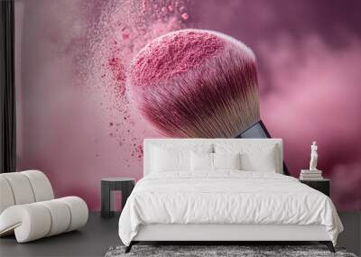 A makeup brush with pink powder floating in the air, wooden handle visible. Wall mural