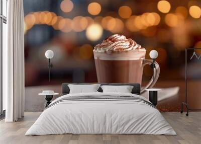 A soft focus image of a cup of hot chocolate with shallow depth of field and blurred surroundings, creating a cozy atmosphere. Wall mural