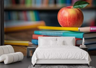 
A stack of colorful textbooks, notebooks, and school supplies on a wooden desk. Wall mural