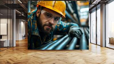 
close up of A male worker in workwear and safety glasses is working on steel bars at the factory, doing quality control. Wall mural