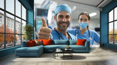 
Doctor giving a thumbs-up to a nurse after a successful procedure, lighthearted celebration Wall mural