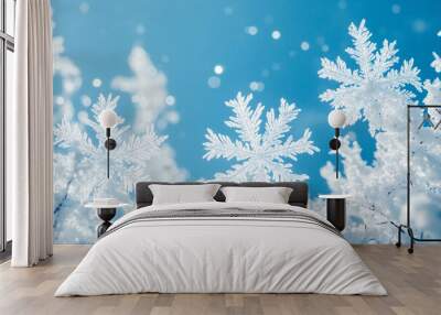 
snowflakes and ice crystals isolated on blue sky - winter background panorama banner long. Wall mural