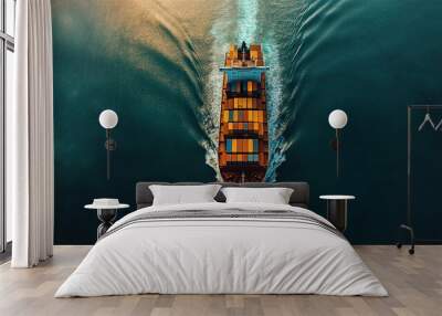 
top view photo, a long cargo ship with containers sails in sea Wall mural