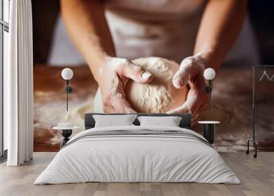 Woman hands that knead dough, bright light, professional color grading, soft shadows Wall mural