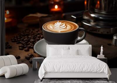 A cup of coffee on a table with candles, creating a cozy ambianc
 Wall mural