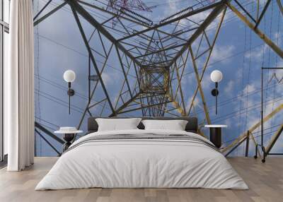 high power transmission towers against blue sky. Wall mural