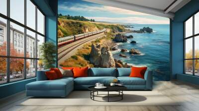 A coastal train route captured in HDR, with the train hugging the shore and the ocean's vast expanse on one side. Wall mural