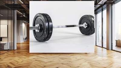 A detailed barbell with weight plates on a white background. Wall mural