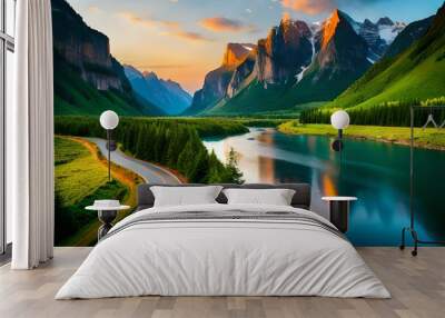 A scenic highway running alongside a calm river, with towering cliffs on one side and lush forests on the other Wall mural