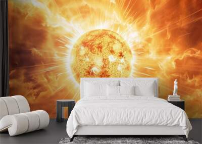 A sun with a radiant halo effect and sharp rays on a white background. Wall mural