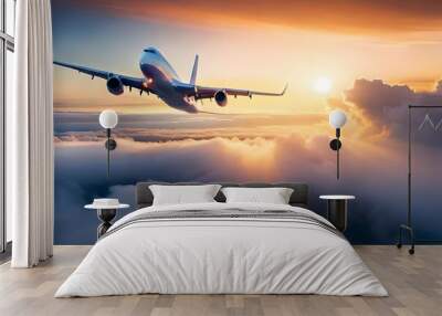 airplane in the sky at sunset generated Ai. Wall mural