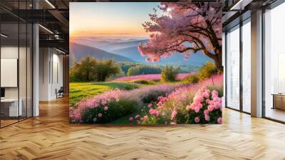 landscape with flowers and trees generated Ai. Wall mural