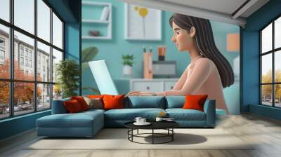 3D woman character typing on a laptop, with an office background showing an educational consultancy, plain soft blue setting Wall mural