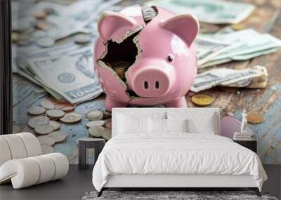 A broken piggy bank surrounded by scattered coins and bills, symbolizing financial insecurity and the impact of an economic crisis on savings Wall mural