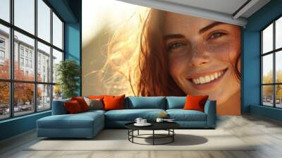 A close-up of a woman with a warm, genuine smile, her face illuminated by natural sunlight, with soft bokeh in the background Wall mural