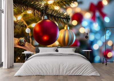 A close-up view of a Christmas tree with ornaments and lights, with a blurred background of holiday lights and decorations Wall mural