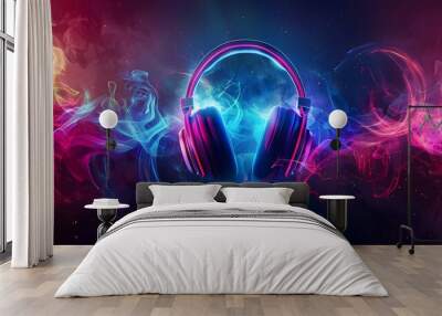 A colorful background with glowing headphones and smoke, representing the joy of listening to music in a night club Wall mural