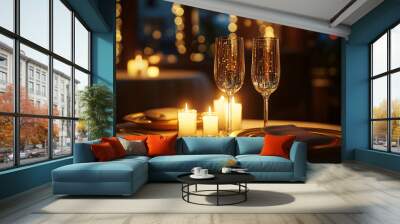 A hyper realistic candle light dinner table of 2, golden plates and long neck glasses with romantic ambiance, luxury hotel is the background Wall mural