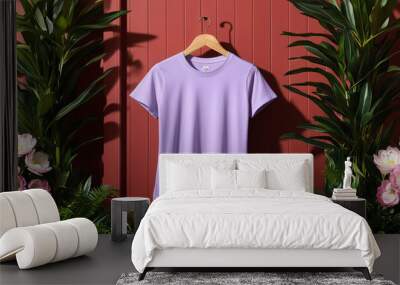 a light purple short-sleeve t-shirt hanging on a wooden hanger against a backdrop of a red paneled wall Wall mural