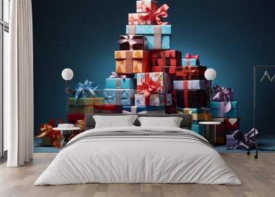 A stack of colorful gift boxes with ribbons. Wall mural