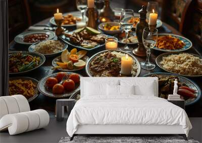 A traditional Middle Eastern or North African meal spread with various dishes including rice, and candles, creating a warm and inviting atmosphere Wall mural