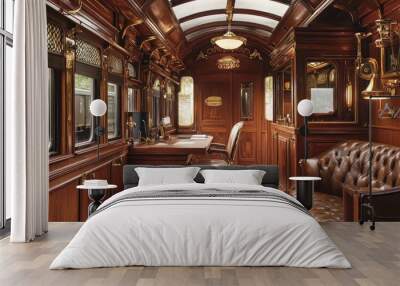 A vintage train car converted into a home office, complete with original wooden paneling, brass fixtures, and leather seats Wall mural