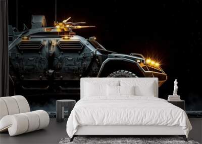 Armored Military Vehicle Illuminated Under the Night Sky, with Left-Side Copy Space for Text - This composition showcases the formidable presence of an armored military vehicle, its advanced lighting  Wall mural