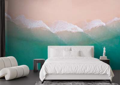 Beach top view. Aerial view sand beach wave foam from turquoise water on the tropical island Wall mural