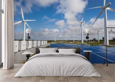 Concept of energy storage batteries system, wind power, wind turbines, green energy concept Wall mural