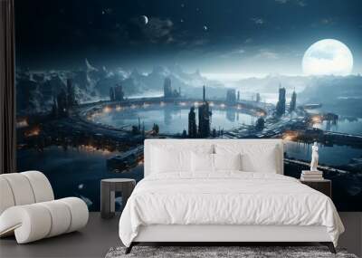 Cosmic flat vector background showcasing space station Wall mural