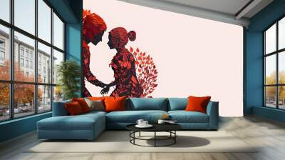 couple made out of red leaves holding hands, heart shape in background, copy space, generative ai Wall mural