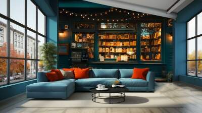 cozy bookstore with a dark teal exterior, twinkling string lights, and a quaint reading nook visible through the bay window Wall mural