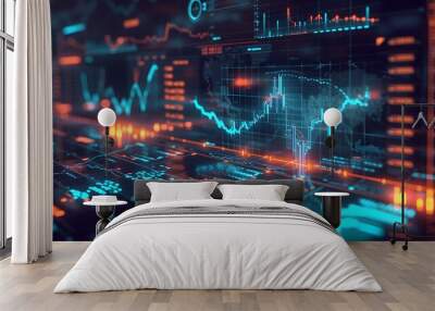 Digital Finance Realm: 3D Holographic Financial Dashboard Wall mural